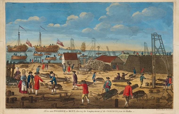 View near Woolwich in Kent shewing [sic] the employment of the convicts from the hulks, c. 1800. From the collections of the State Library of NSW.