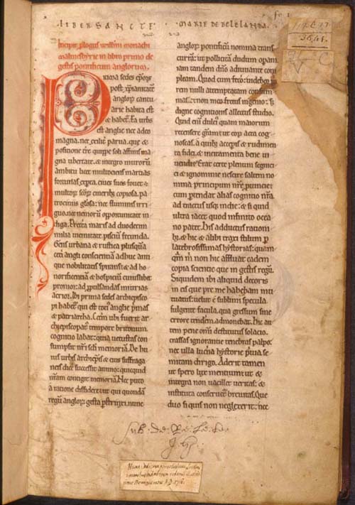 Byland's copy of William of Malmesbury's Gesta Pontificum (inscription on first [page reads: Liber Sanctae Mariae de Bellelanda]