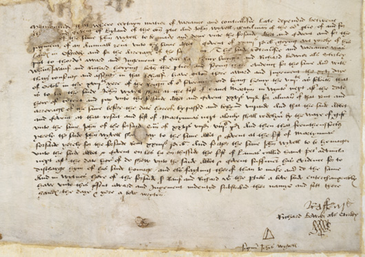 Original award by Sir Raff Ewre, Kt., and Richard
              Bower al. Shirley, between Byland and John Wywell, gent., touching
              rent of lands at Osgodby, 26 October 1526
