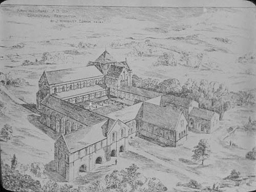 Artist's reconstruction drawing showing a bird's eye oblique view of Kirkstall Abbey as it might have looked from the south west during the 12th/13th century.