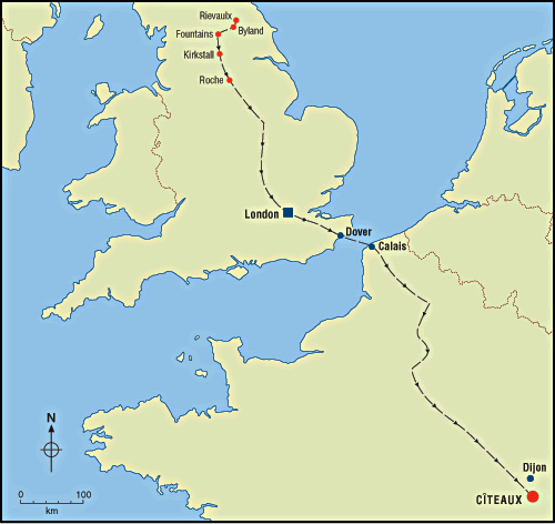 Map showing the route probably taken by the Yorkshire abbots traveling to the General Chapter, after Williams, The Cistercians in the Early Middle Ages, p 39