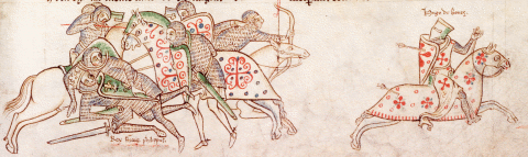 Battle of Bouvines and the flight of Hugh de Boves (1214). MS 16, f 37r[41]r. 
                    Reproduced by permission of the Master and Fellows of Corpus Christi College, Cambridge.