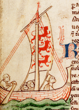 Henry III crossing the sea, with the sail bearing the three lions.
                    Reproduced by permission of the Master and Fellows of Corpus Christi College, Cambridge.