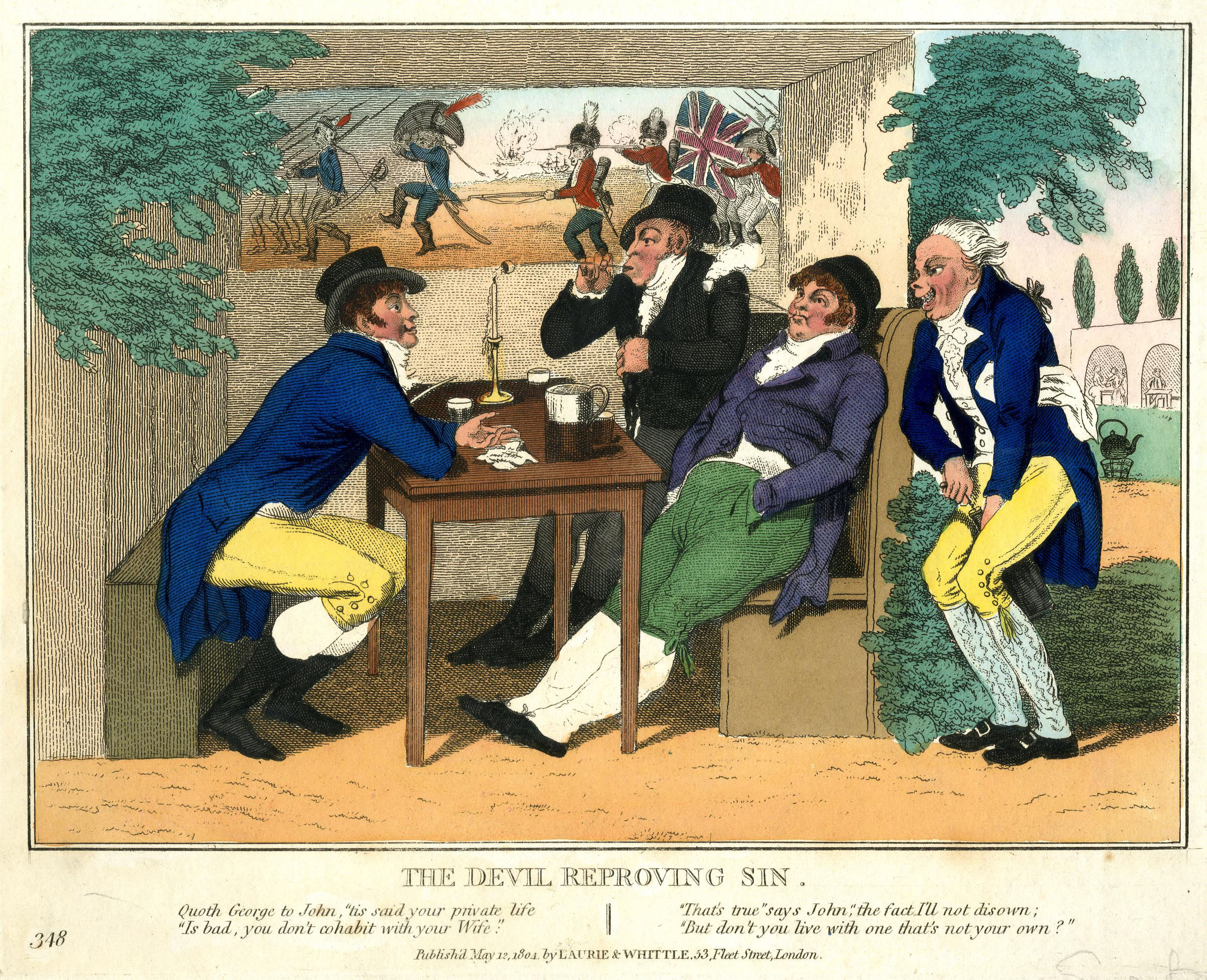 Hand-colored etching of four men smoking and drinking alcohol at a table outdoors.
