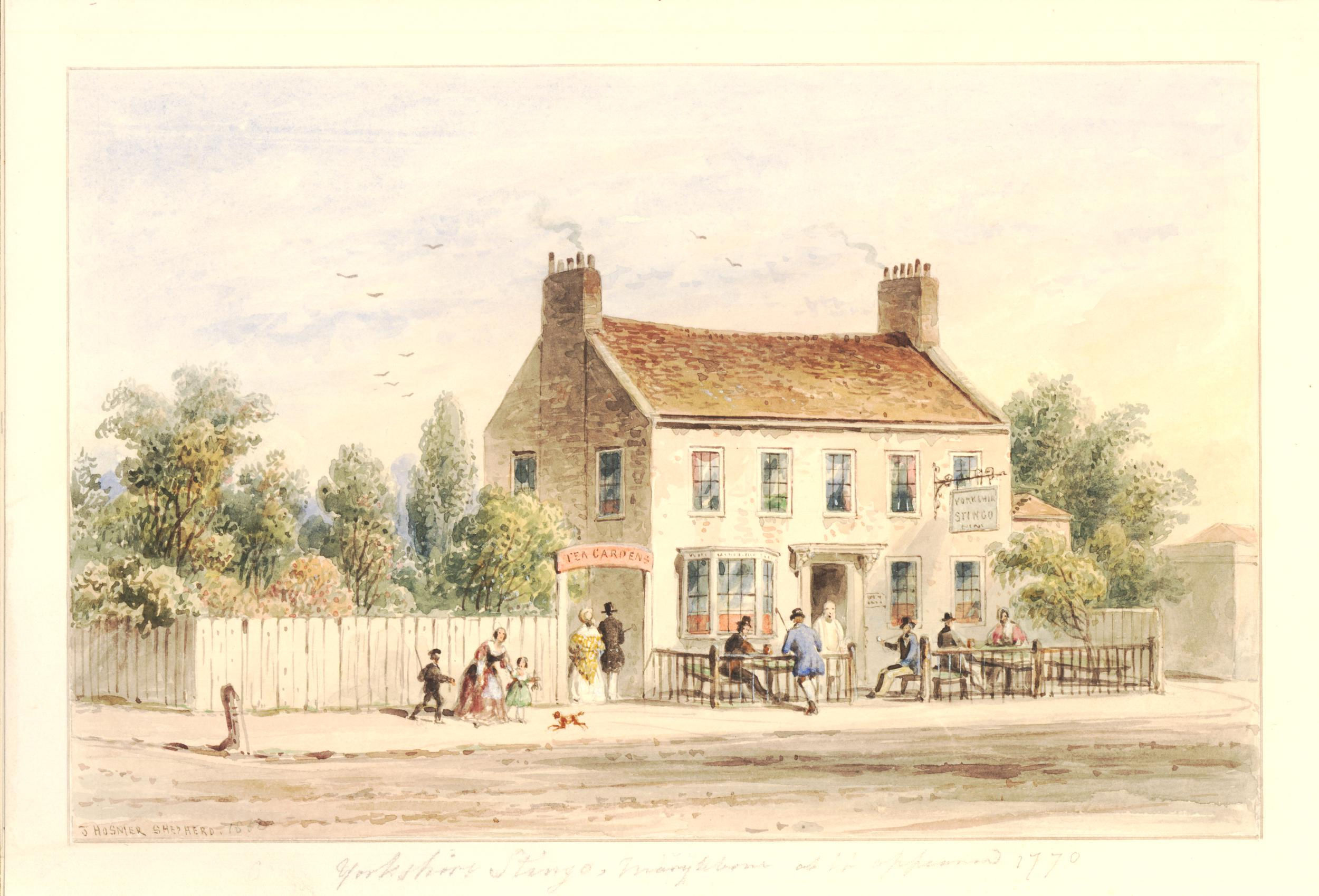 Water color painting of a two-story pub with fenced front yard where several patrons are sitting.
