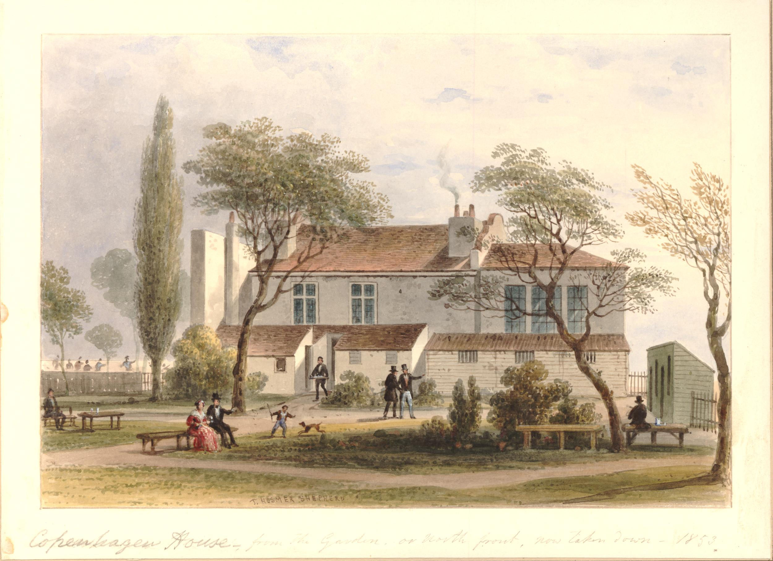 Watercolor painting of white building with several people standing in the lawn in front of the building.