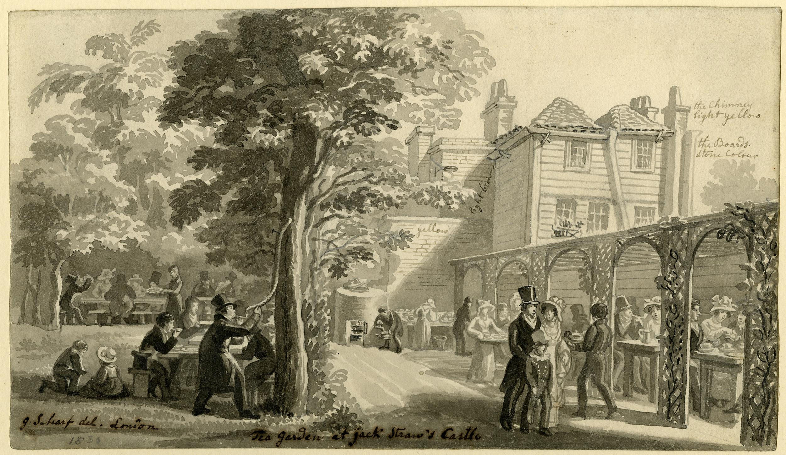 Black-and-white water color painting of many patrons enjoying tea in the gardens abutting a large house.