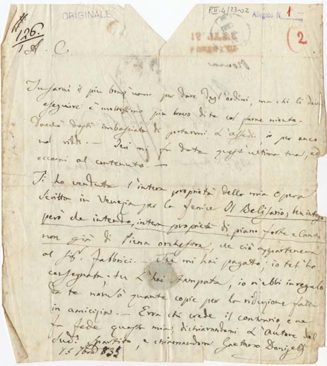 Lettera Gaetano Donizetti > Giovanni Ricordi Roma